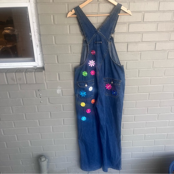 80s 90s Classic Old Navy Blue Jean Overalls Floral Patches XS - Picture 10 of 15